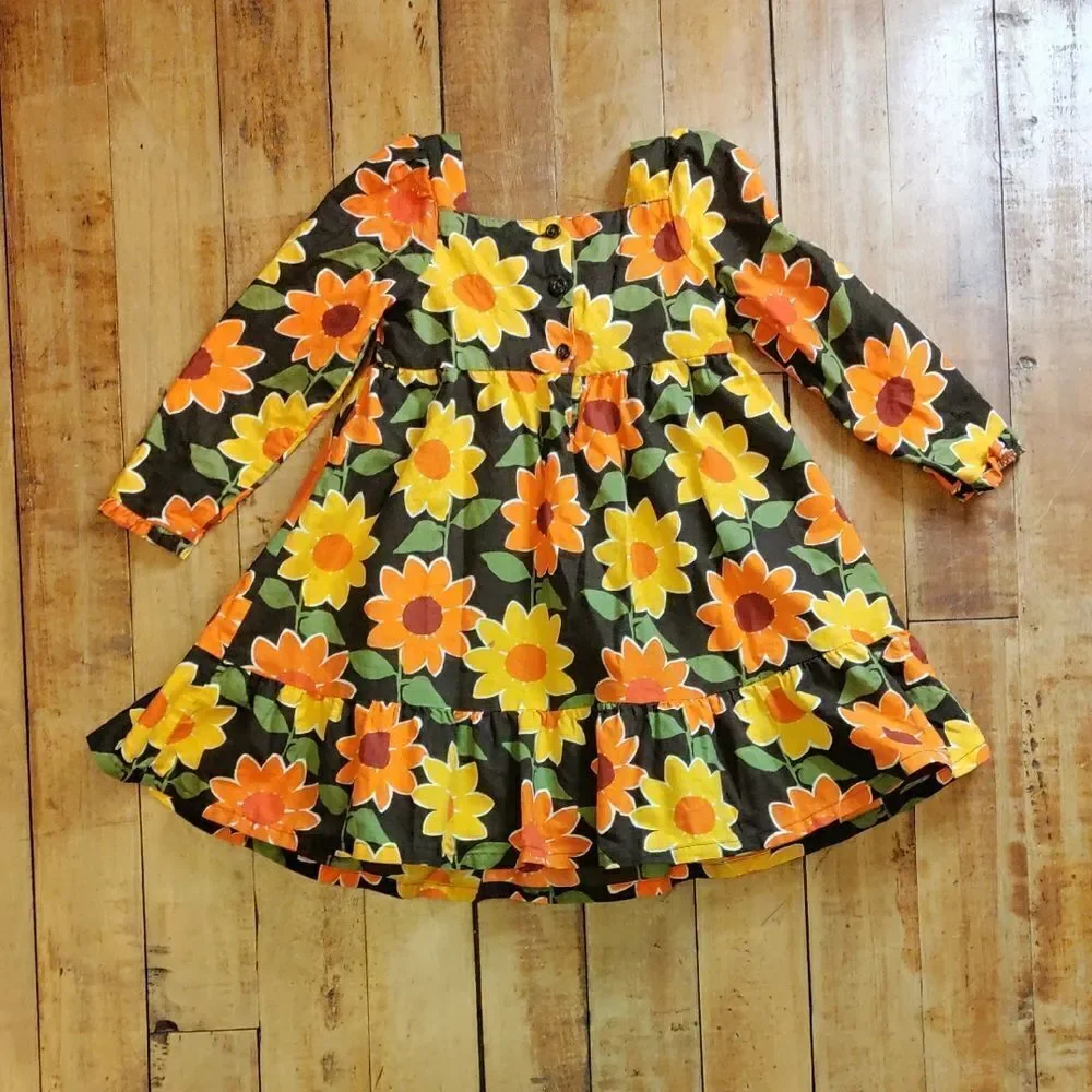 Gymboree Dress 4T Floral Long Sleeve Cotton Dress Retro Yellow Orange